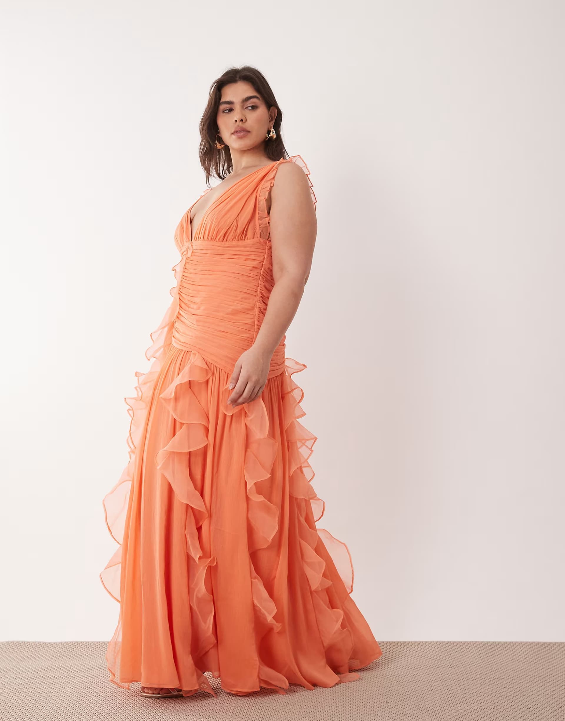 ASOS ASOS LUXE Curve ruched maxi dress with waterfall detail in coral