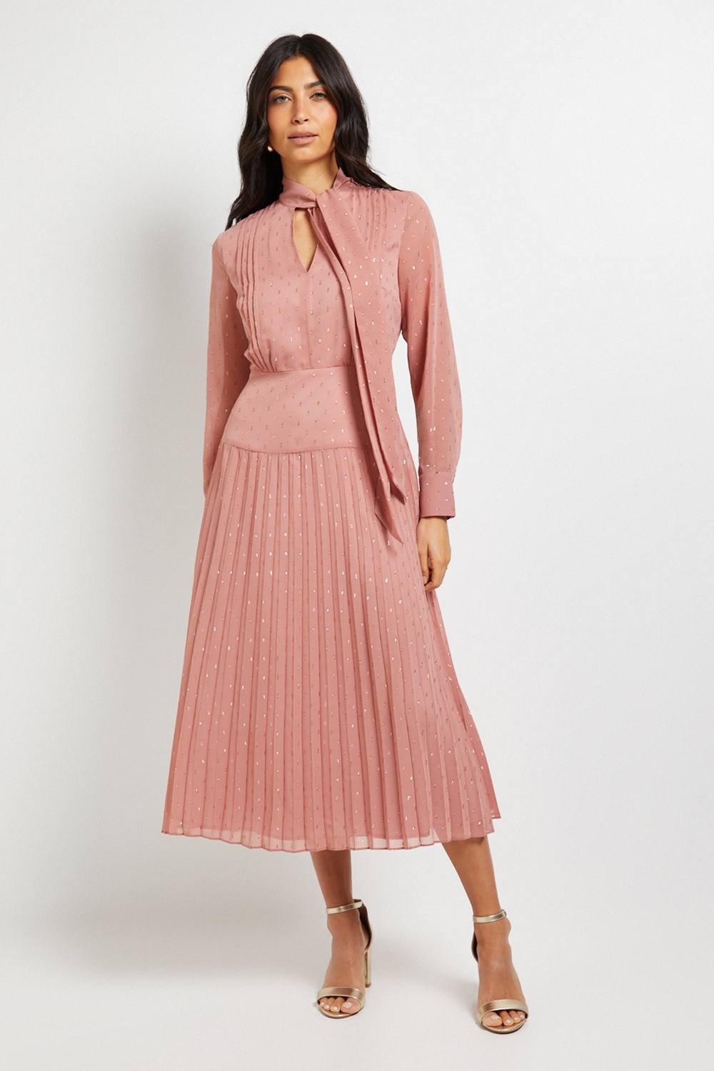 Wallis Wallis Women's Clipped Tie Neck Pleated Shirt Dress in Coral - 2