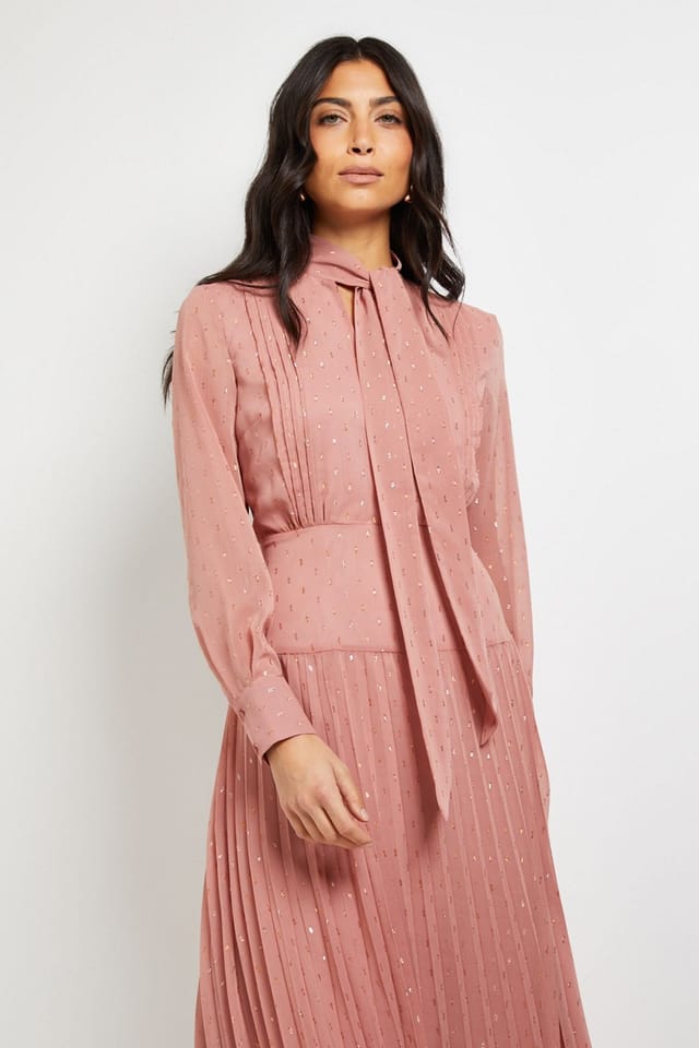 Wallis Wallis Women's Clipped Tie Neck Pleated Shirt Dress in Coral - 2