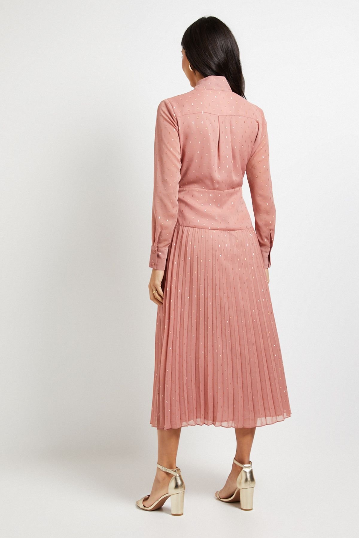 Wallis Wallis Women's Clipped Tie Neck Pleated Shirt Dress in Coral - 3