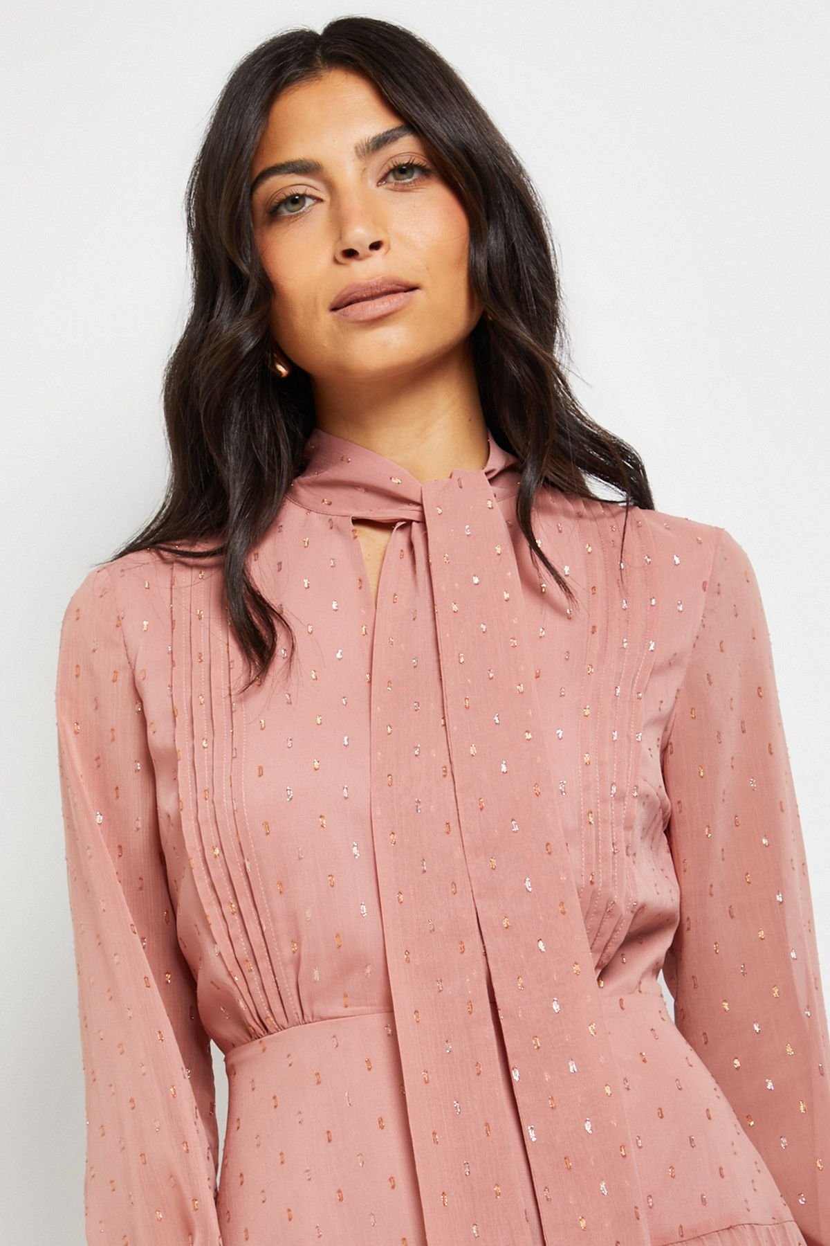 Wallis Wallis Women's Clipped Tie Neck Pleated Shirt Dress in Coral - 4