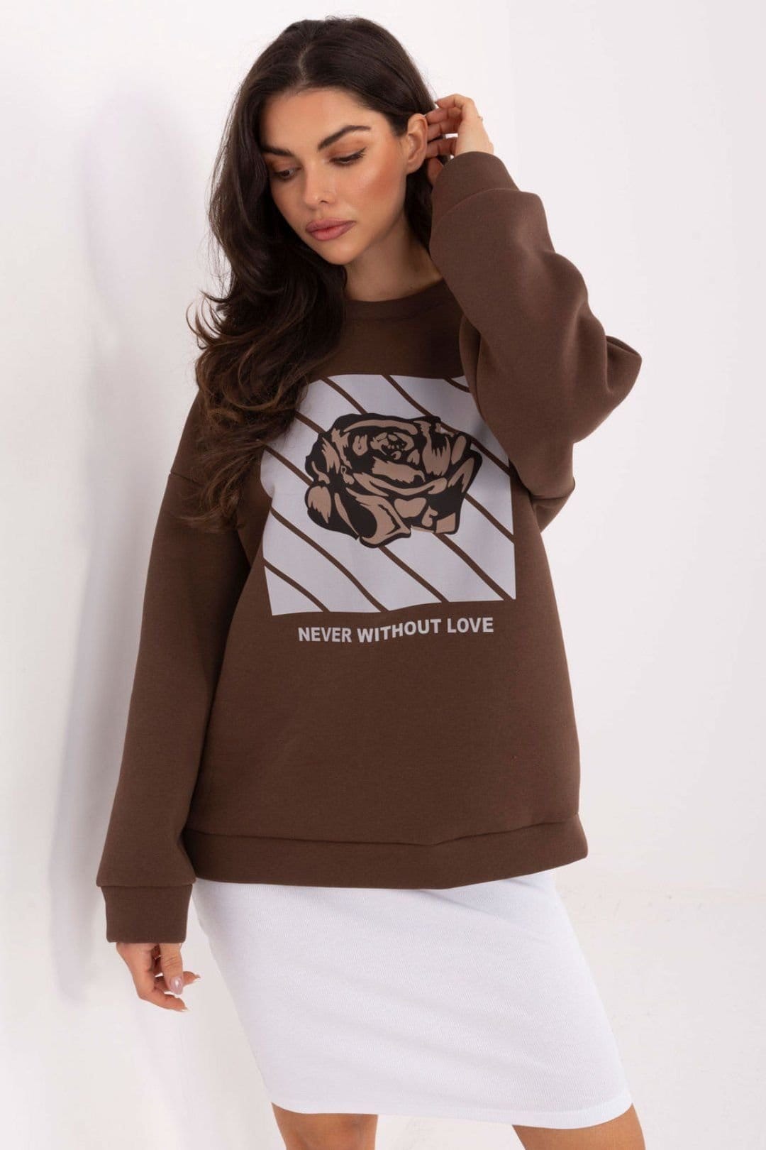 Love Lace Brown Cotton/Elastane Sweatshirt with Rose Print