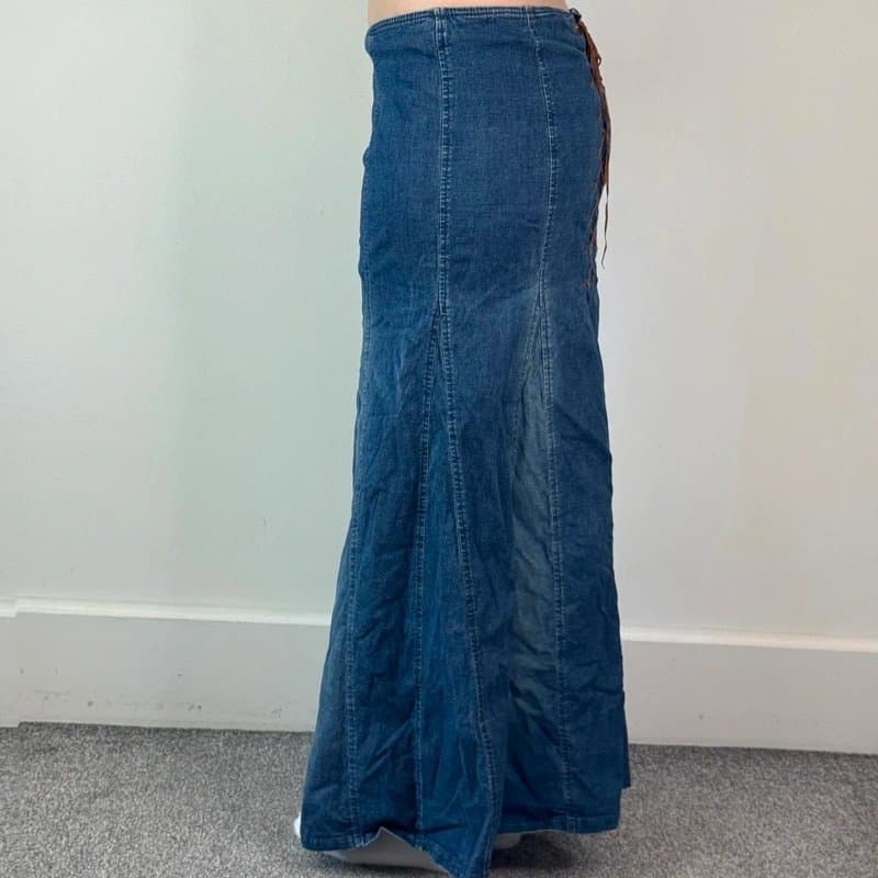 Topshop Y2K vintage lace up denim maxi skirt stretchy faded blue wash a line low rise