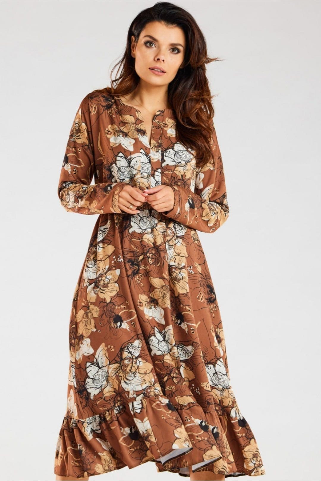 Love Lace Brown Floral Midi Dress with Frill Neck