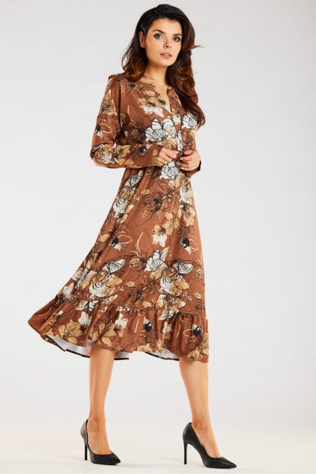 Love Lace Love Lace Women's Midi Long Sleeve Frill Neck Dress Made in Poland in Brown - 3