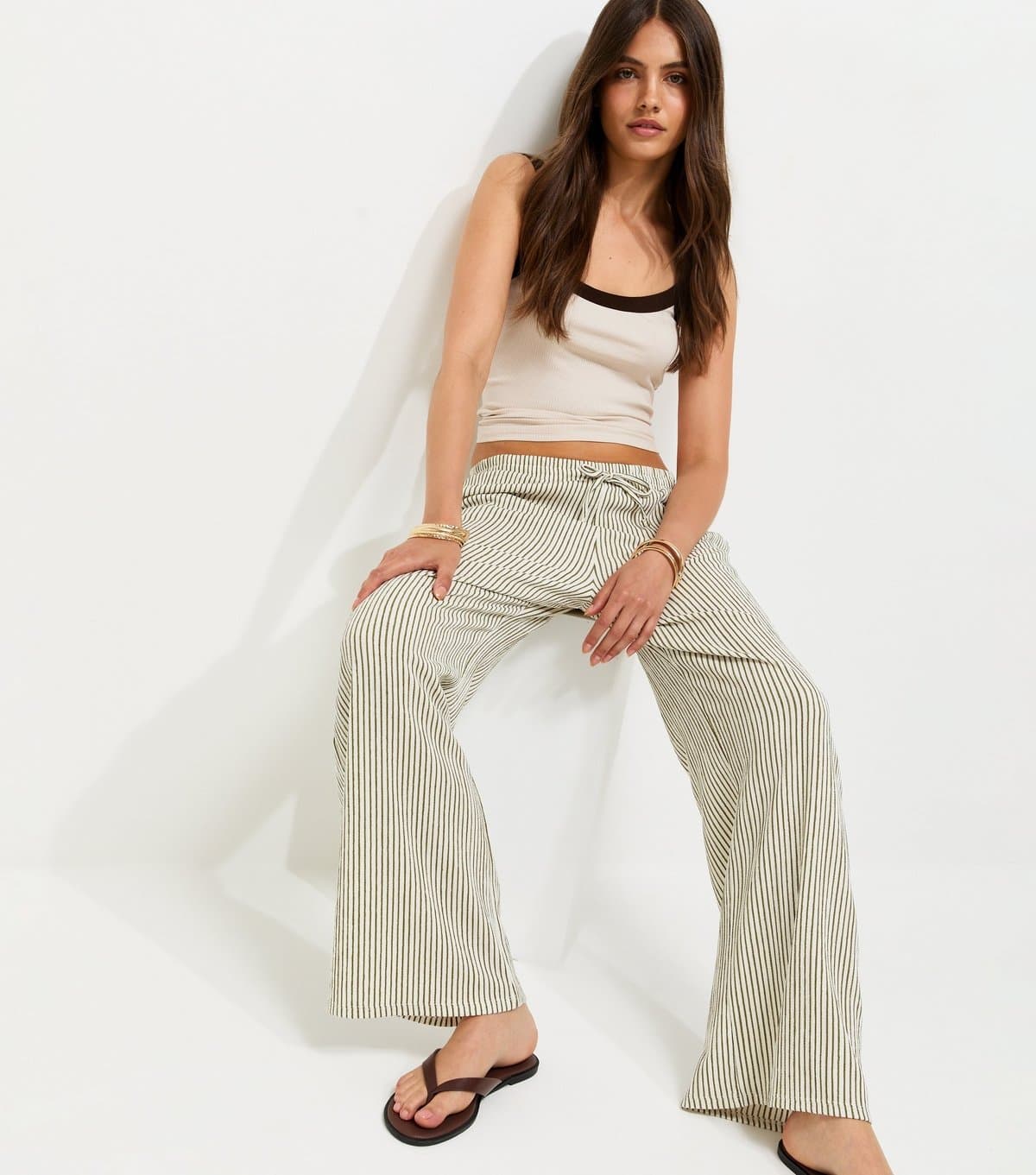 New Look Women's Green Thin Stripe Crinkle Texture Wide Leg Trousers New Look