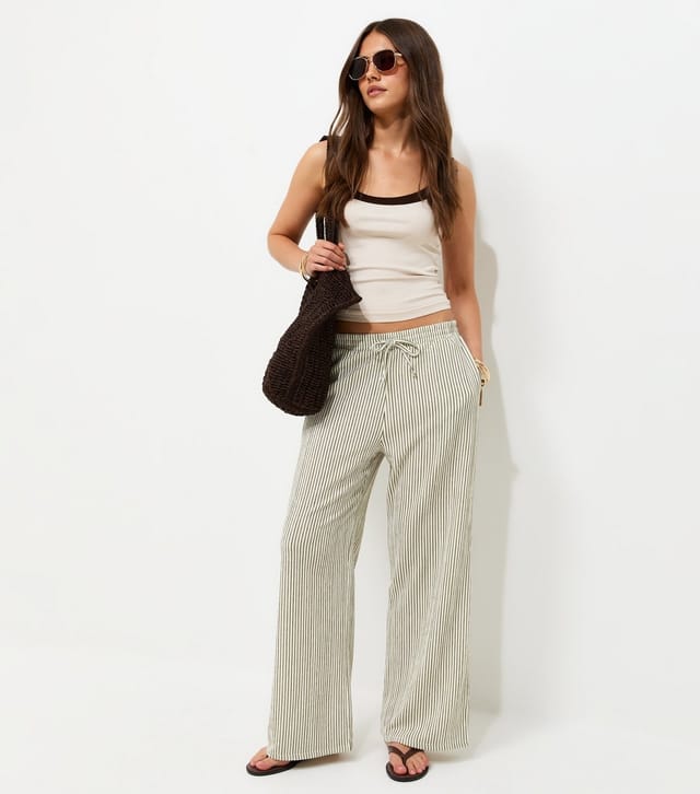 New Look Women's Green Thin Stripe Crinkle Texture Wide Leg Trousers New Look - 2