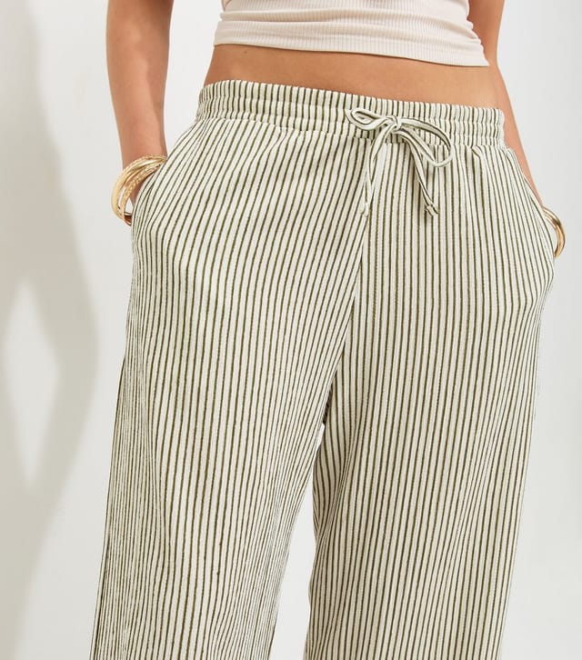New Look Women's Green Thin Stripe Crinkle Texture Wide Leg Trousers New Look - 3