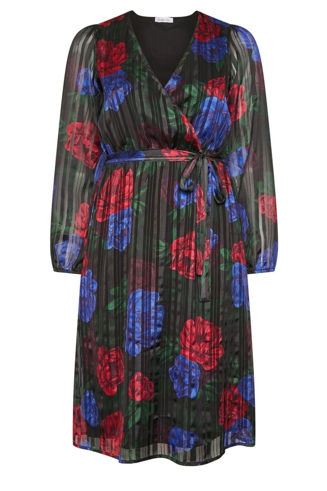 Yours Yours Women's Floral Metallic Wrap Dress in Black - 2