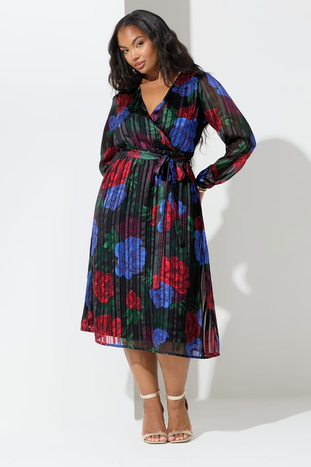 Yours Yours Women's Floral Metallic Wrap Dress in Black - 3