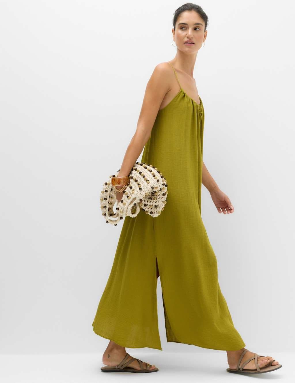 Marks & Spencer M&S Strappy Tie Back Maxi Beach Dress Moss Green