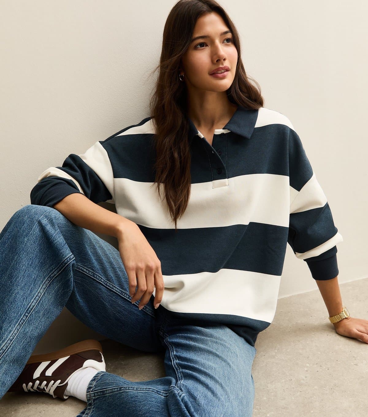 New Look Women's Blue Striped Rugby Sweatshirt New Look