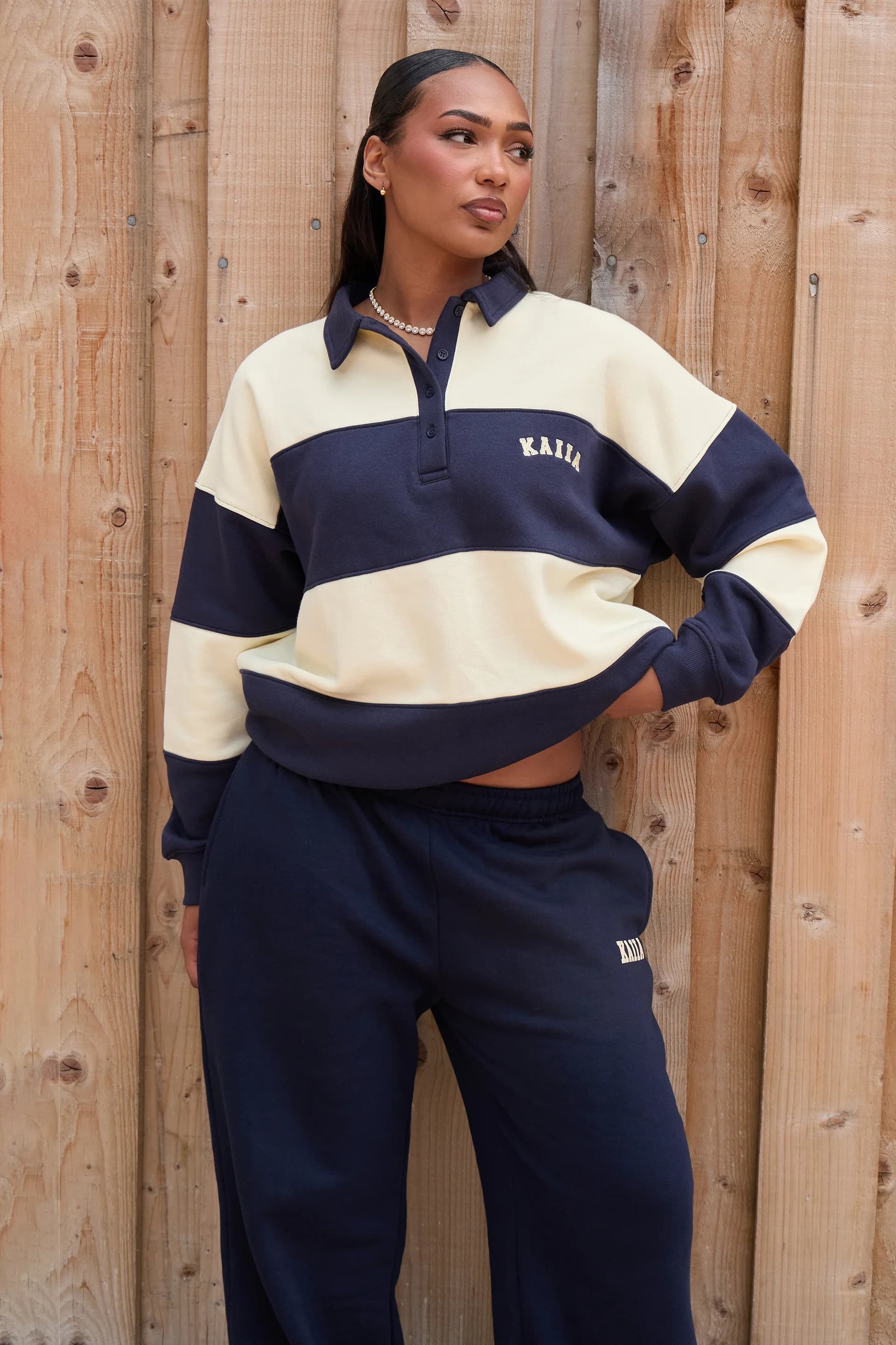 Kaiia Kaiia Striped Oversized Rugby Sweatshirt Ink Blue & Lemon