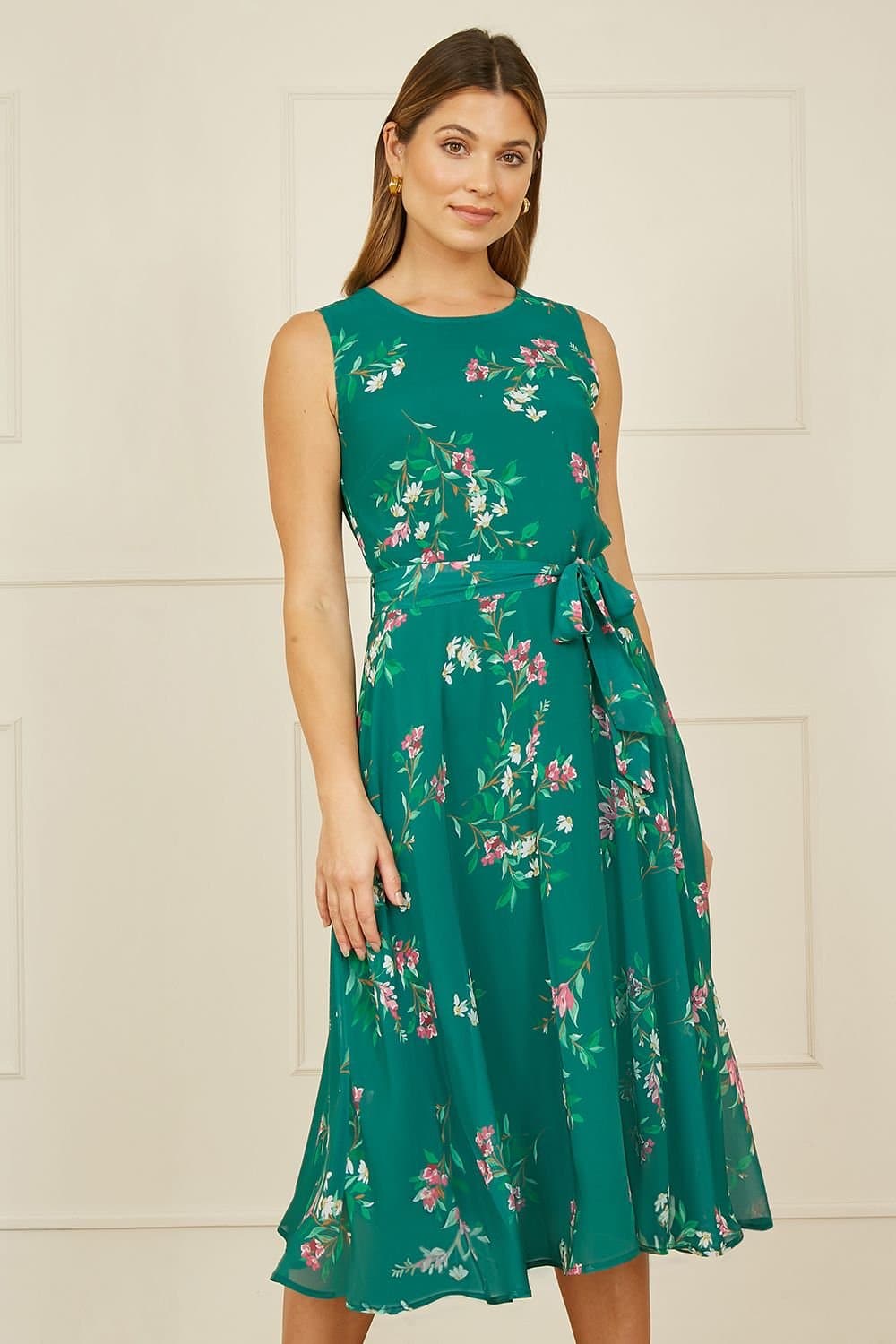 Yumi Yumi Women's Floral Print midi Skater Dress in Green