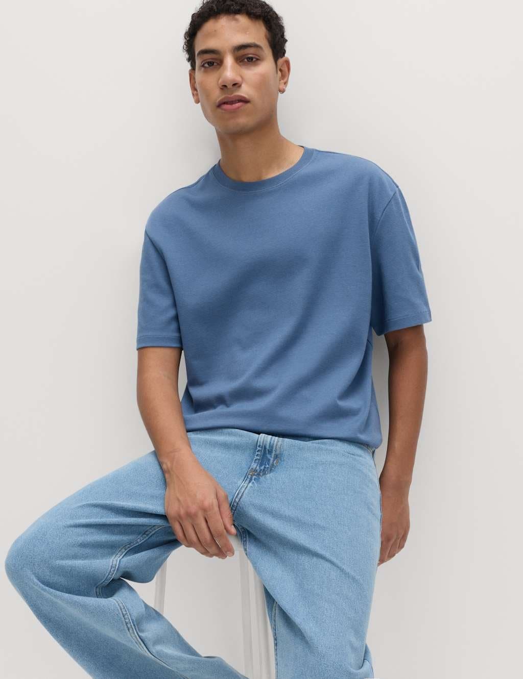 Marks & Spencer M&S Relaxed Fit Cotton Rich Ultimate Performance Striped T-Shirt Blue Mix