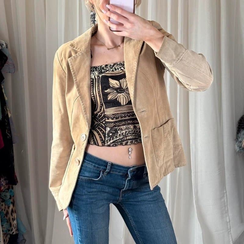 Topshop Moto Y2K moto tan suede blazer