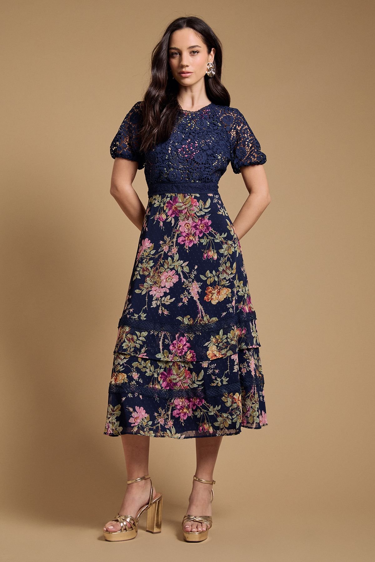 Oasis Oasis Women's Petite Occasion Floral Lace Bodice Midi Dress in Navy - 2
