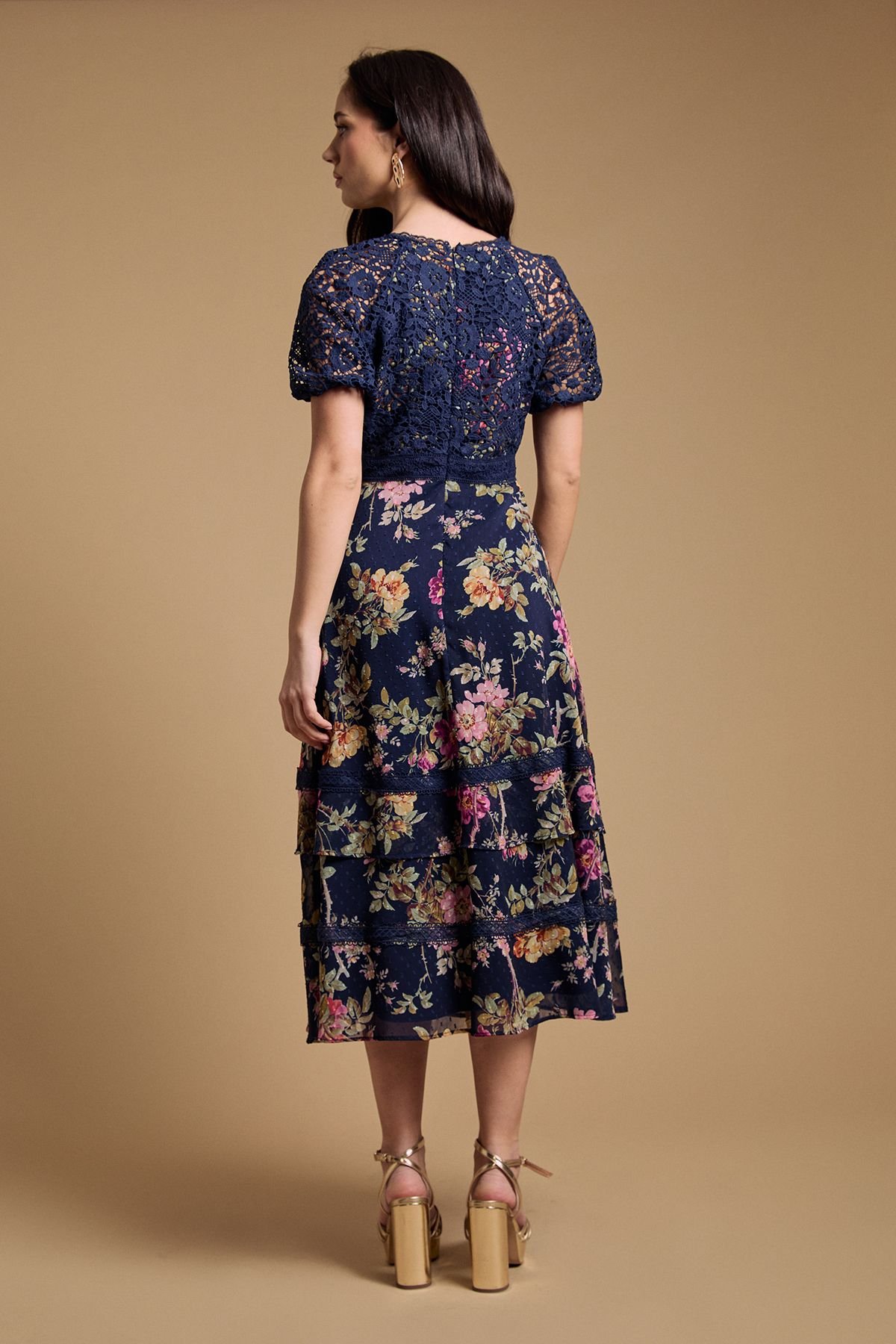 Oasis Oasis Women's Petite Occasion Floral Lace Bodice Midi Dress in Navy - 3