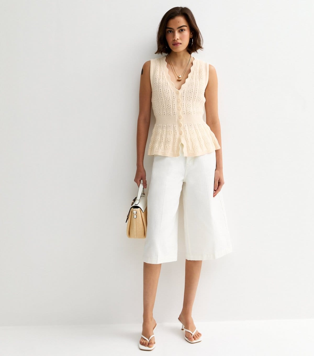 New Look Women's Cream Cotton Rich Textured Knit Waistcoat New Look - 4