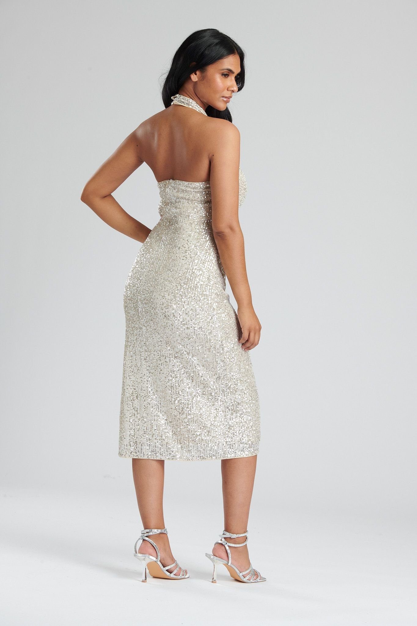 Finding Friday Finding Friday Women's Sequin Haltnerneck Midi Dress With Knee Split in Cream - 3