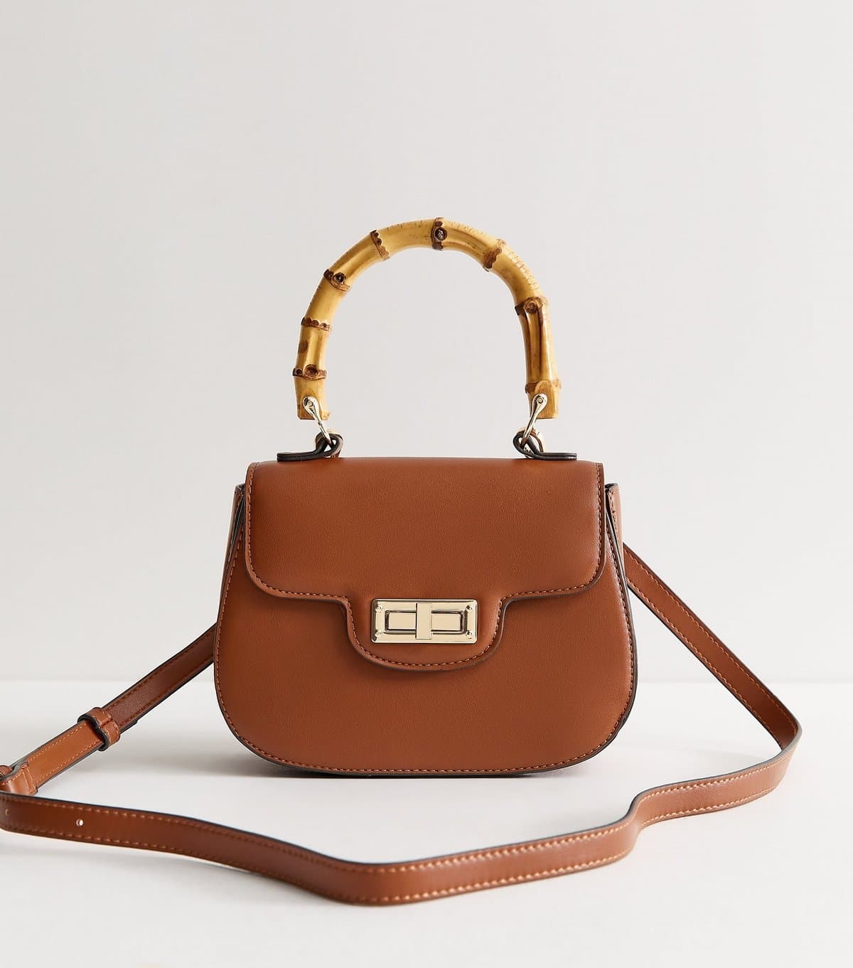 New Look Tan Faux Leather Bamboo Top Handle Saddle Bag Vegan New Look