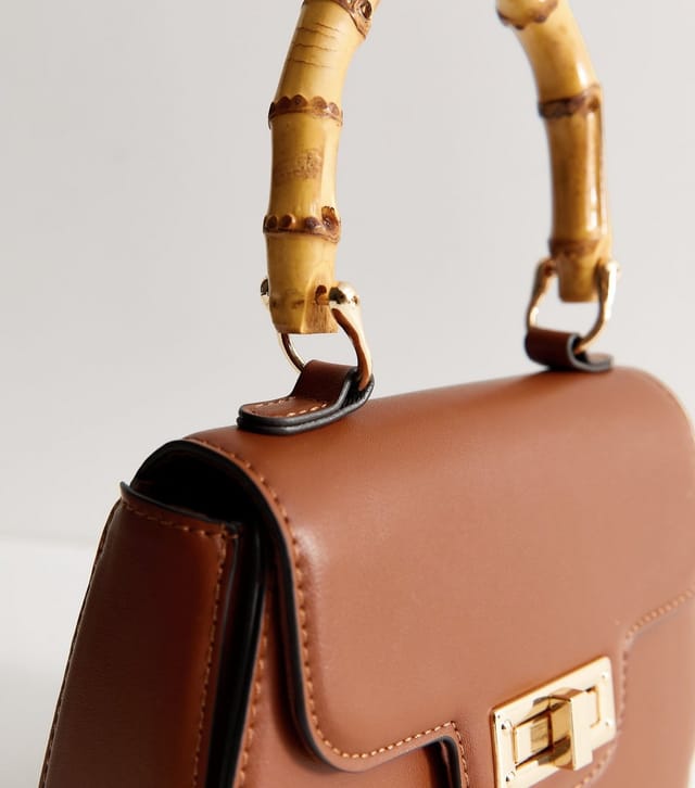 New Look Tan Faux Leather Bamboo Top Handle Saddle Bag Vegan New Look - 3