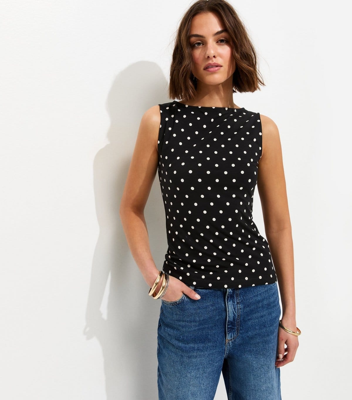 New Look Black Polka Dot Slash Neck Sleeveless Top