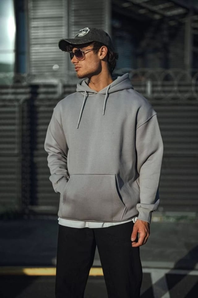 Janes Janes Men's Hooded Oversized Sweatshirt with Pocket in Grey - 2