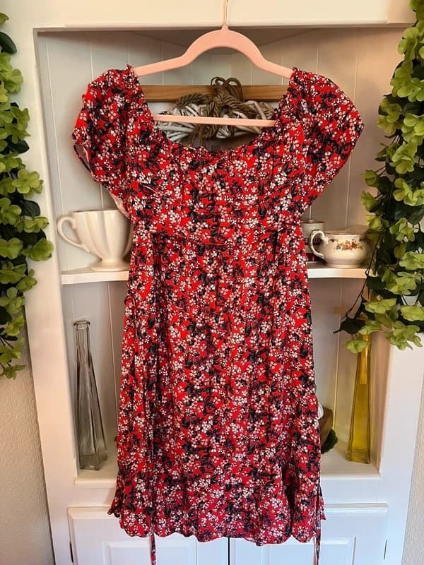 Oasis Bardot Mini Dress - Oasis - Milkmaid Style Red Ditsy Floral Print - Size 12