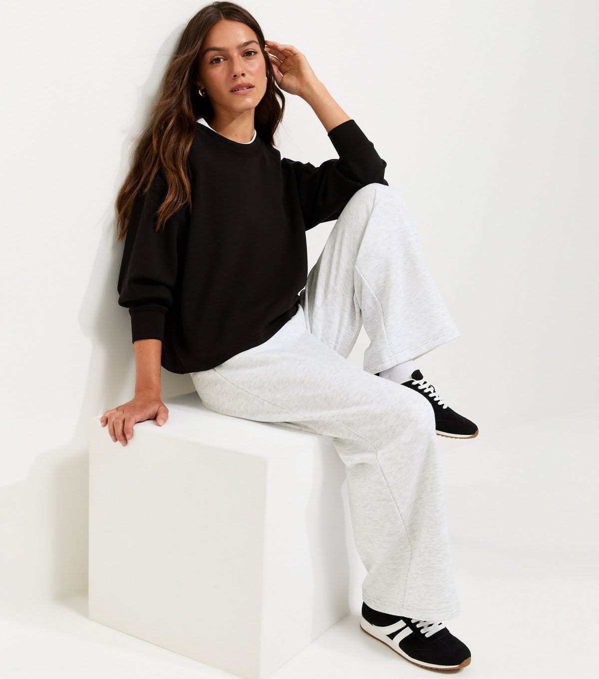 New Look Grey Marl Cotton-Rich Wide Leg Joggers For Petite Women