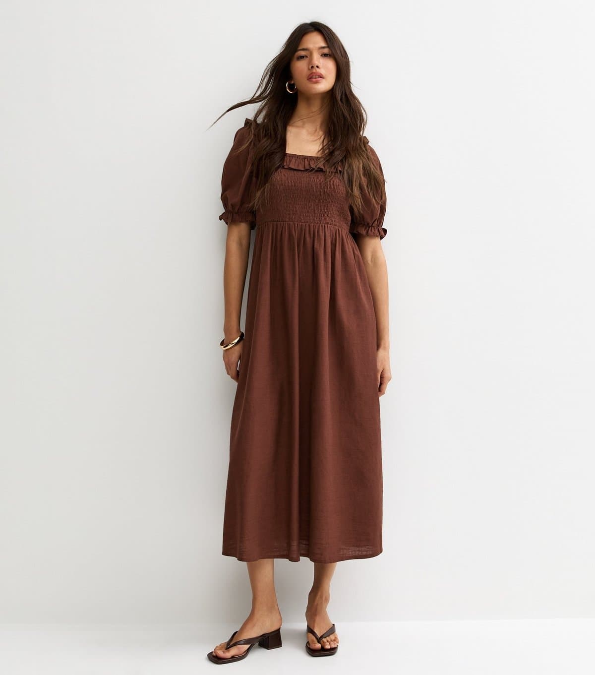 New Look Women's Dark Brown Short Sleeve Shirred Frill Midi Dress New Look