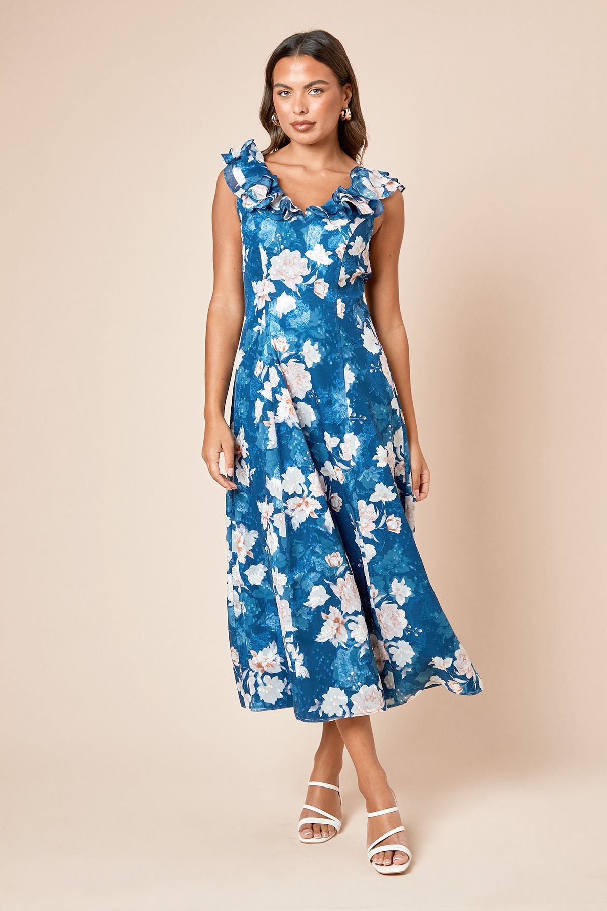 Dorothy Perkins Dorothy Perkins Women's DP Luxe Blue Floral Printed Jacquard Chiffon Ruffle Front Sleeveless Midi Dress - 2