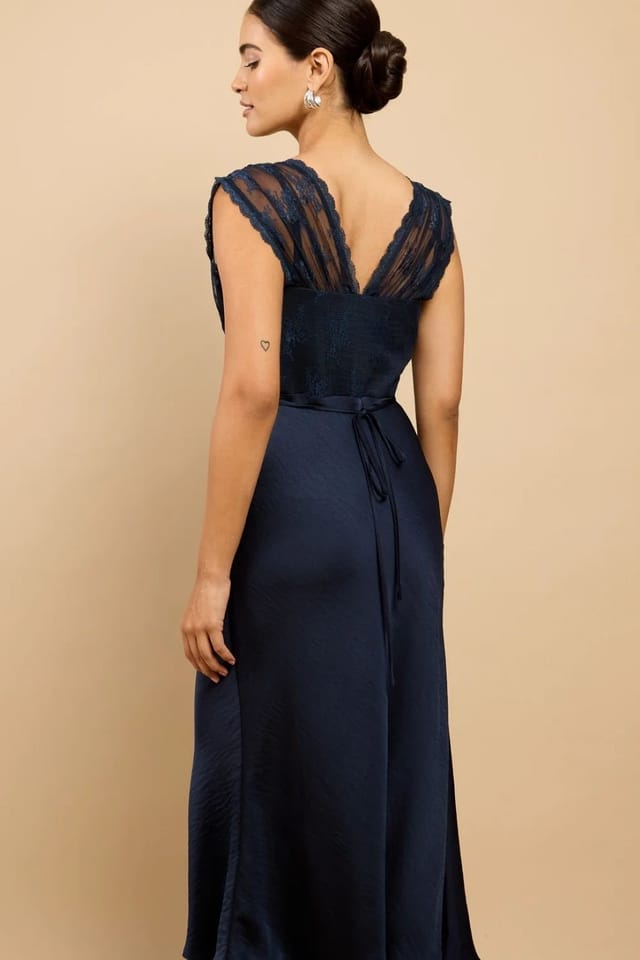 Little Mistress Little Mistress Women's Navy Satin Lace Detail Midaxi Dress - 2