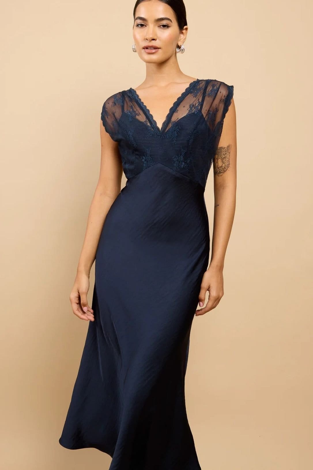 Little Mistress Little Mistress Women's Navy Satin Lace Detail Midaxi Dress - 4