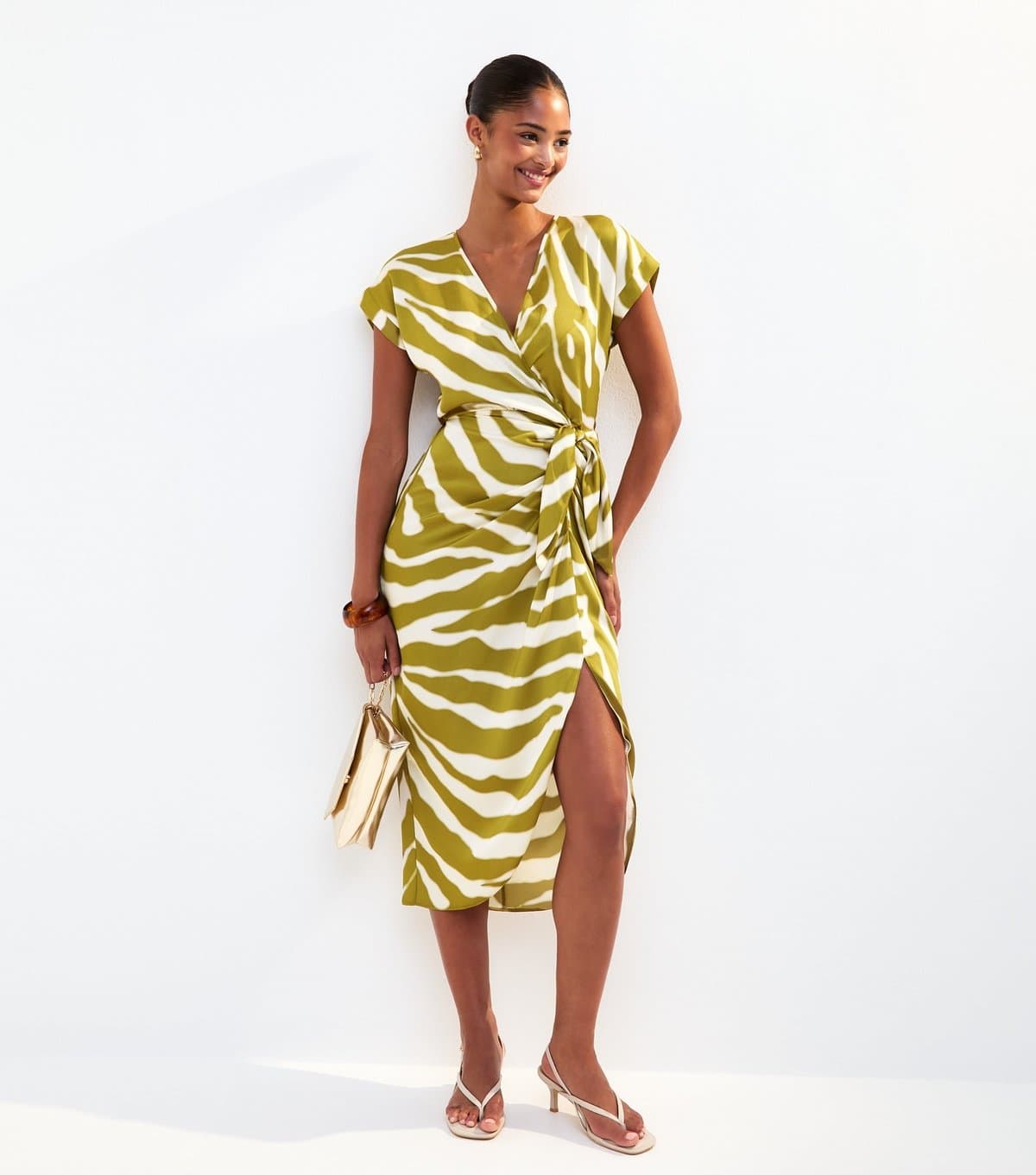 New Look Women's Green Zebra Print Wrap Front Midi Dress New Look