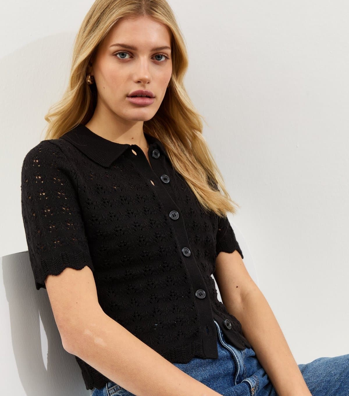 New Look New Look Black Cotton Rich Pointelle Button Up Short Sleeve