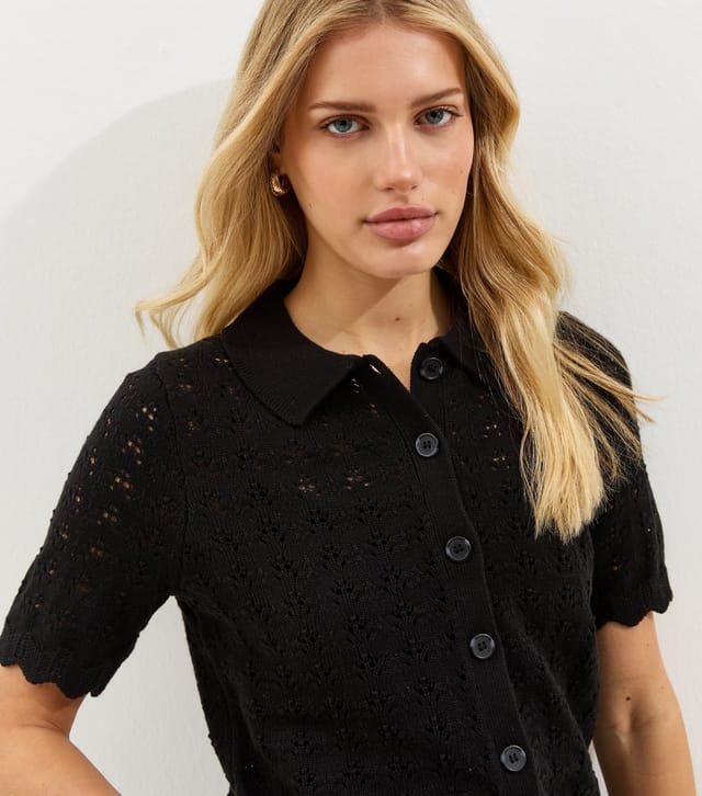 New Look Women's Black Cotton Rich Pointelle Button Up Short Sleeve Cardigan New Look - 2