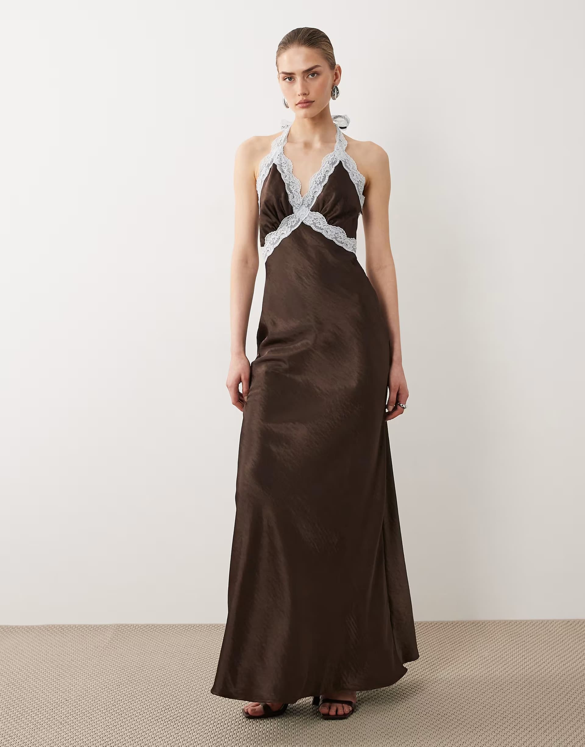 ASOS SNDYS satin contrast lace halterneck maxi dress in chocolate
