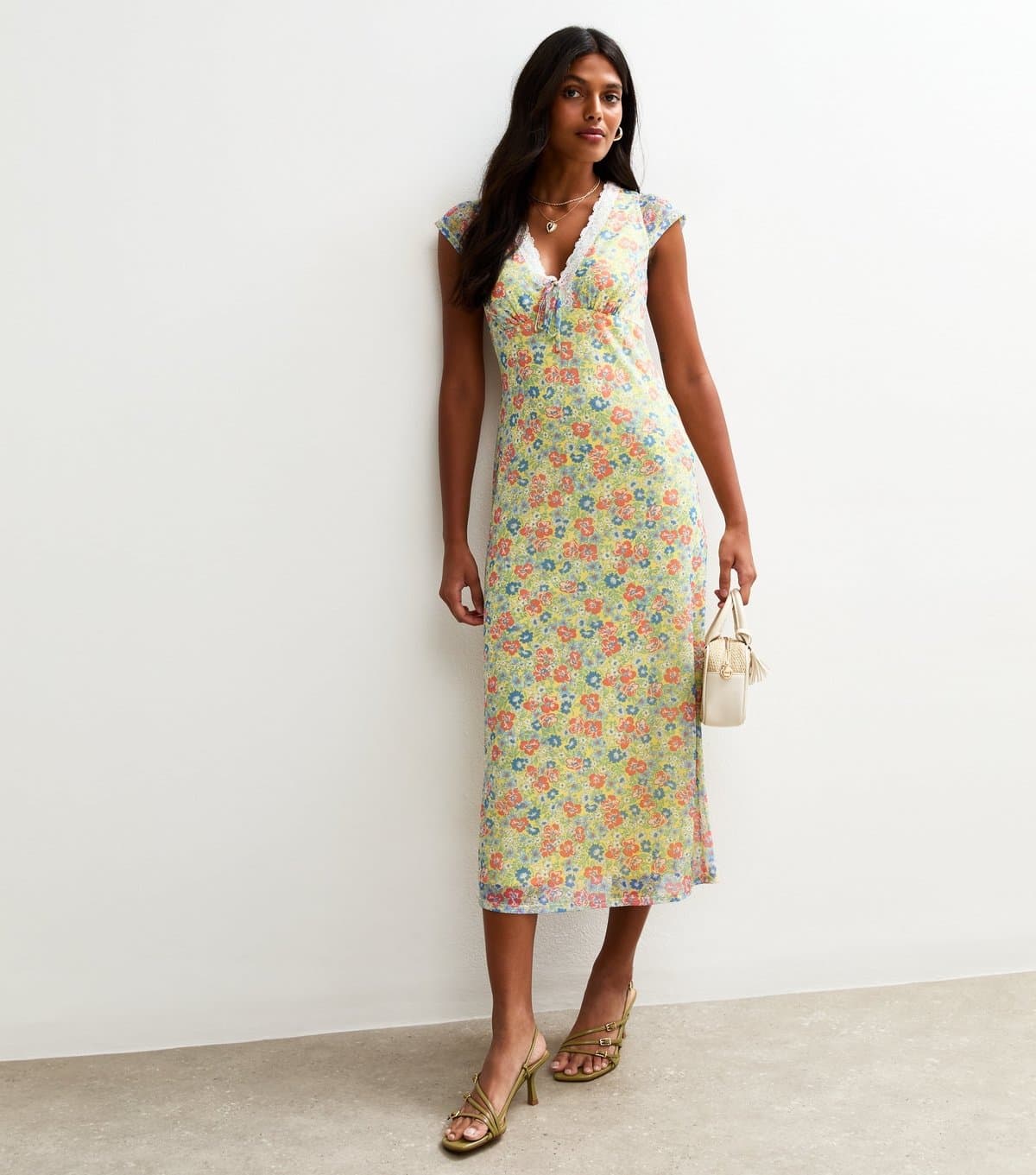 New Look Women's Yellow Floral Print Mesh Midi Dress New Look