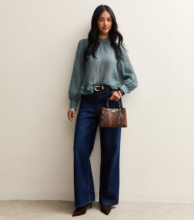 New Look Women's Blue Crinkle Texture High Neck Peplum Blouse New Look - 3