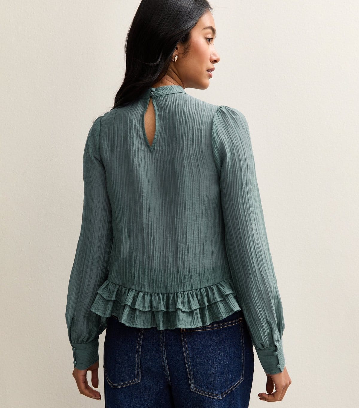 New Look Women's Blue Crinkle Texture High Neck Peplum Blouse New Look - 4