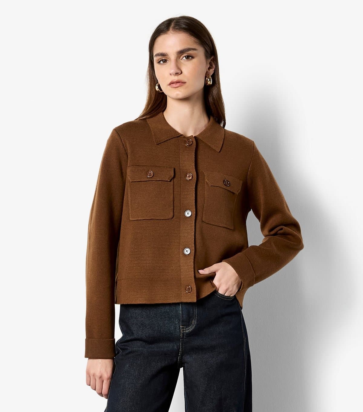 Apricot Apricot Brown Collared Button-Up Cardigan