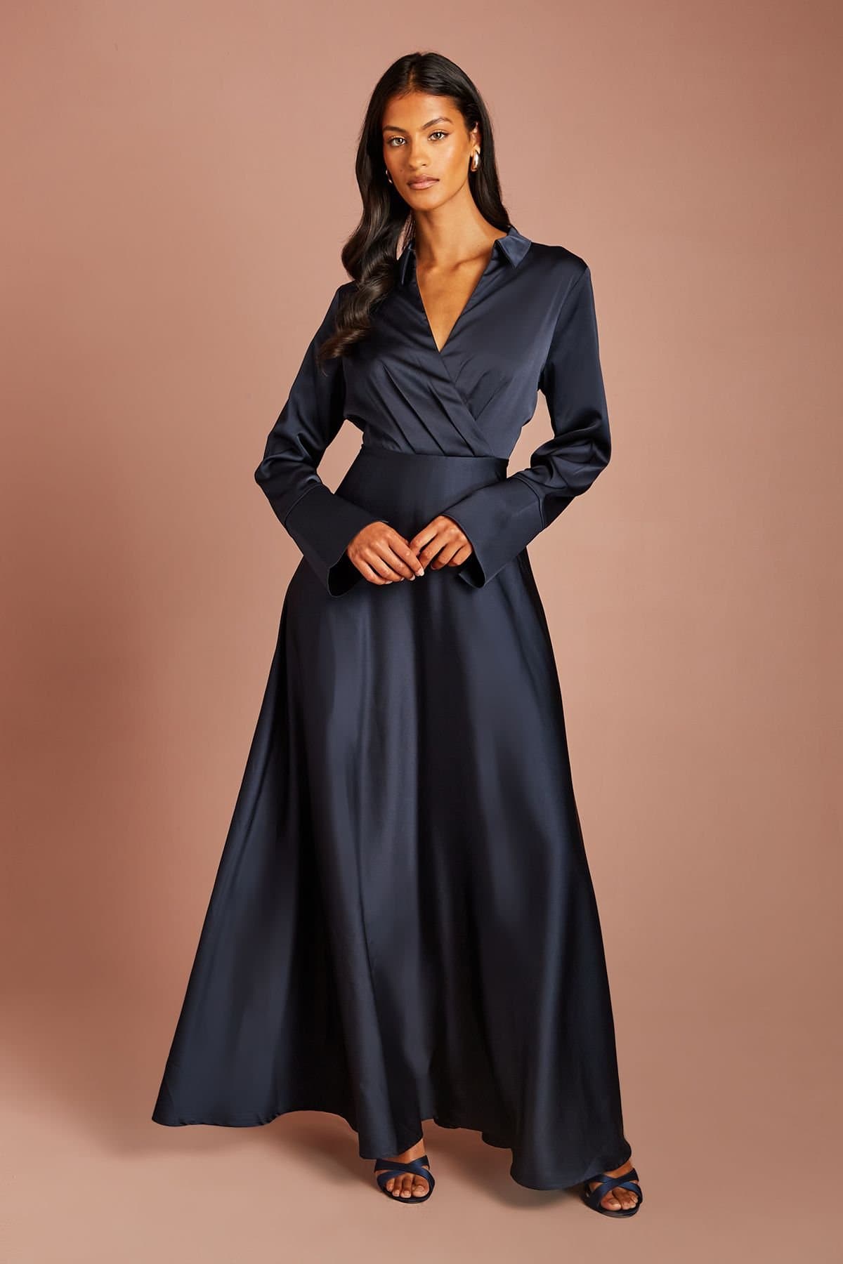 Coast Coast Women's Petite Wrap Front Satin Maxi Dress in Navy