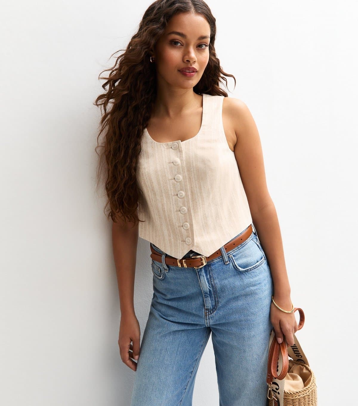 New Look Women's Petite Cream Striped Scoop Neck Waistcoat New Look