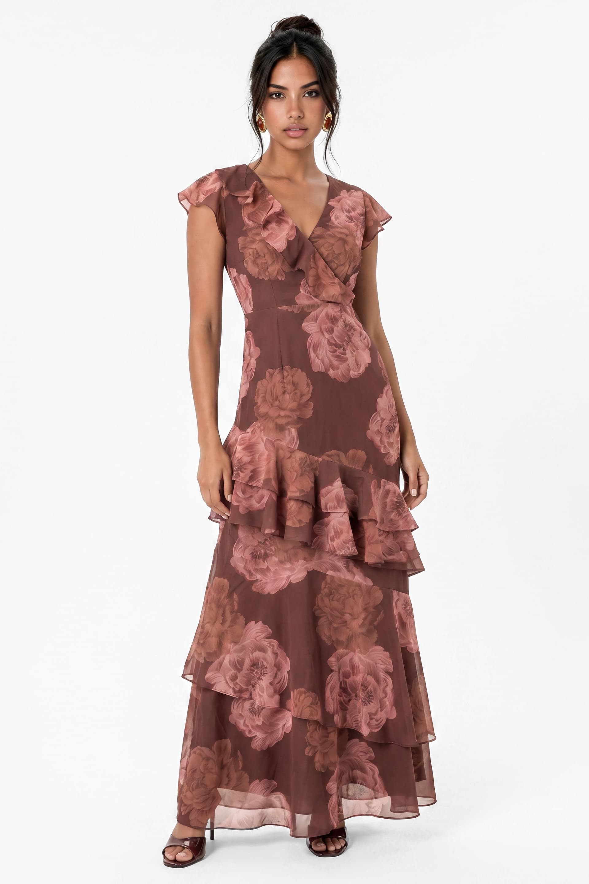 Anaya with Love Anaya with Love Women's Floral Print Faux Wrap Ruffle Maxi Dress in Brown