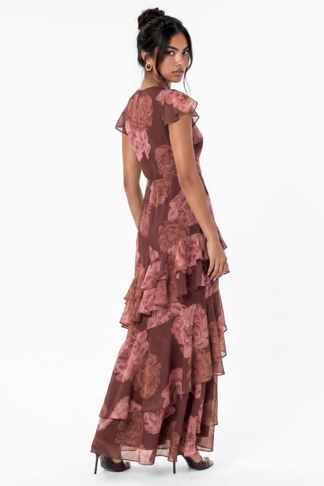 Anaya with Love Anaya with Love Women's Floral Print Faux Wrap Ruffle Maxi Dress in Brown - 2