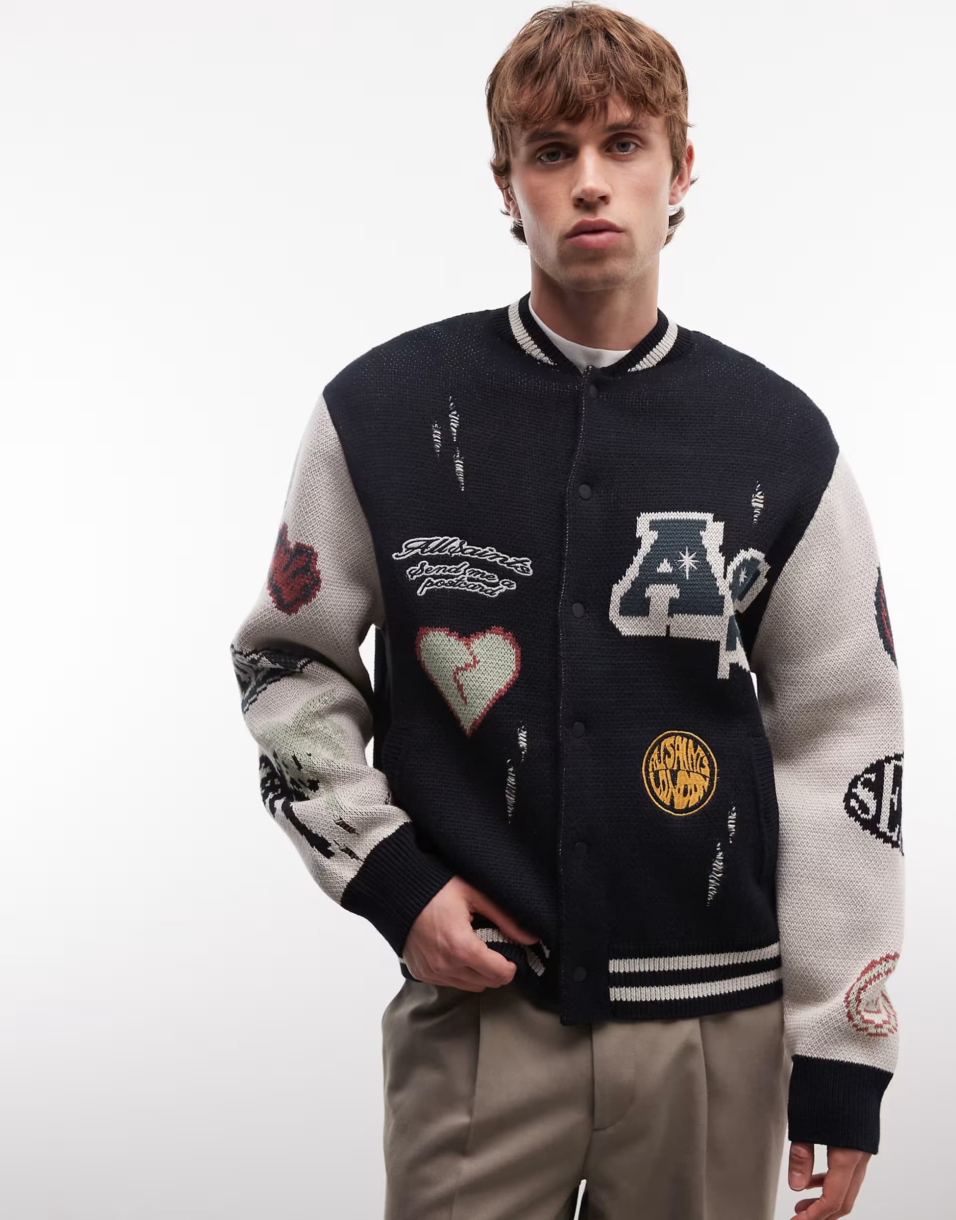 ASOS AllSaints Chase patch knit varsity cardigan in black