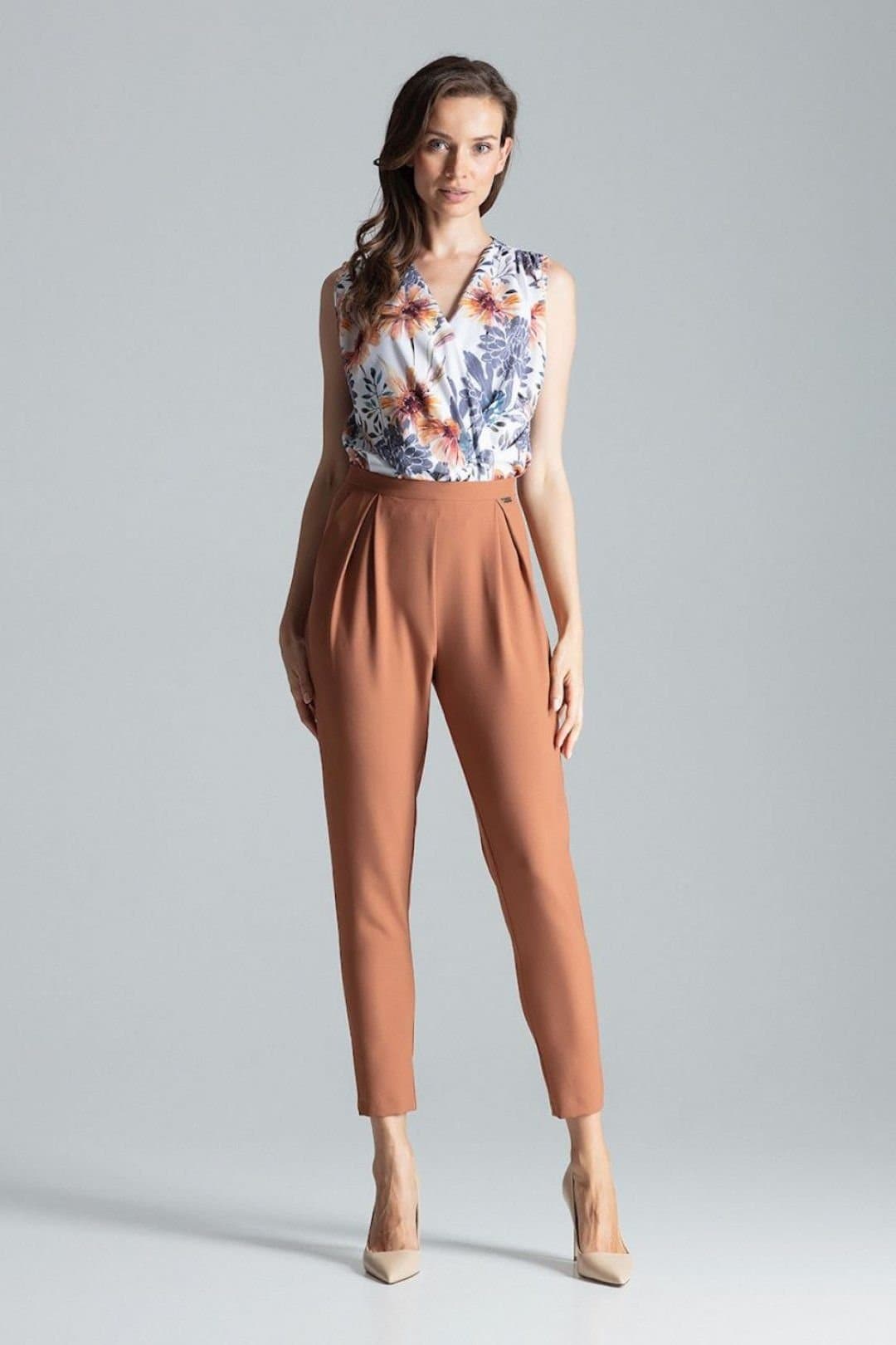 Love Lace Love Lace Women's Classic Pleated Waist Tapered Trousers in Terracotta
