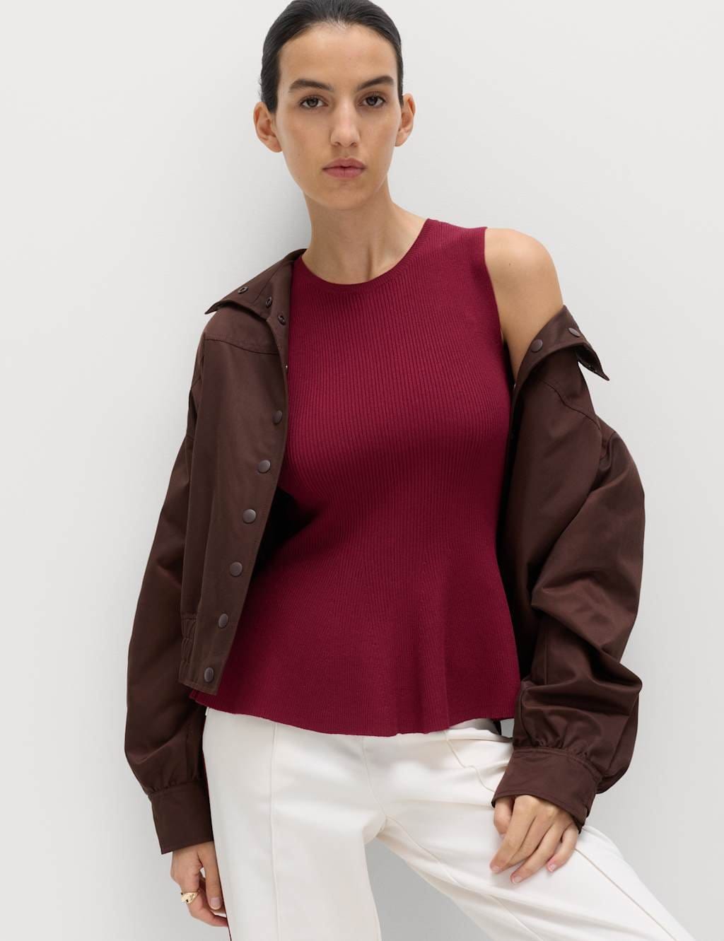 M&S Dark Claret Ribbed Peplum Vest
