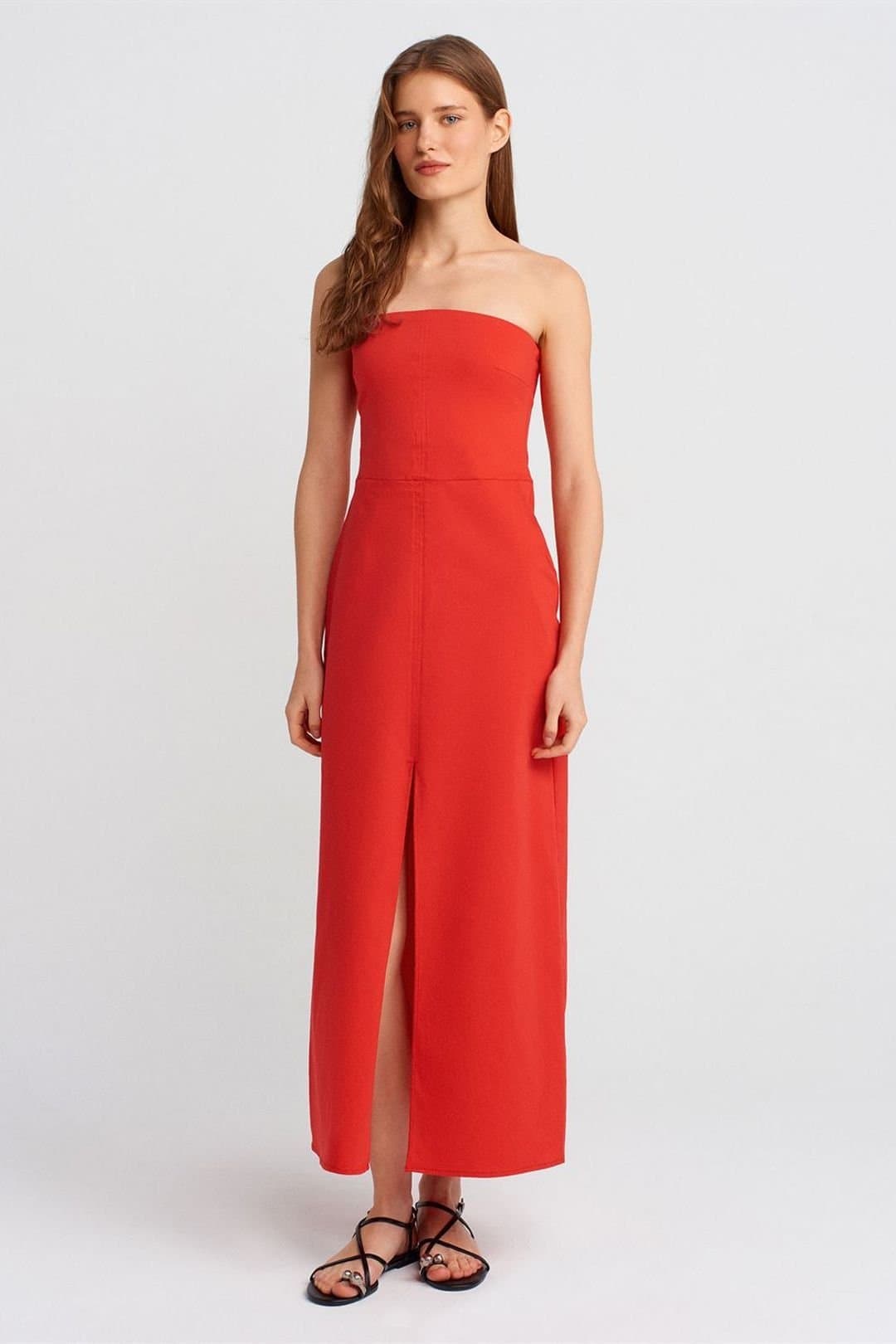 Dilvin Dilvin Women's Strapless Fitted Midi Dress With Slit in Red